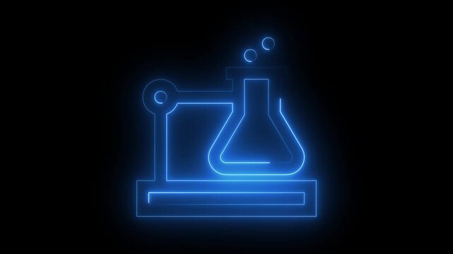 Blue neon laboratory flask icon with glowing bubbles on black background for science research. Abstract chemistry beaker icon with blue neon lights for biotechnology and medical concepts.
