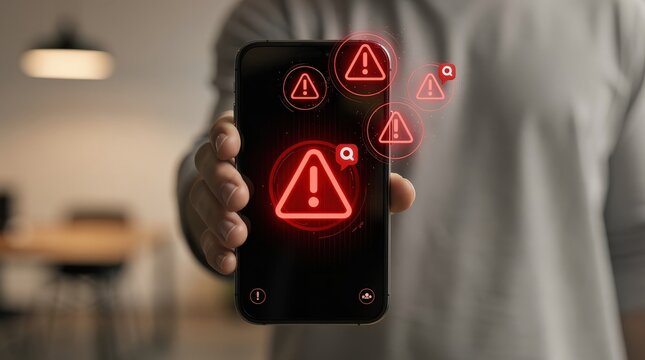 A hand holds a smartphone displaying multiple red warning icons indicating alerts or errors on the screen.