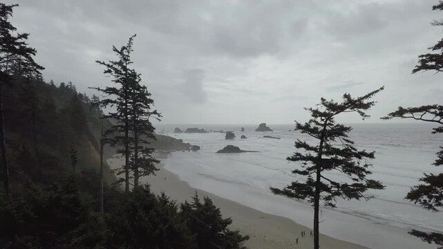 Aerial footage of stunning Oregon coastline with sandy beach and surfers on a moody day, Pacific Northwest, USA