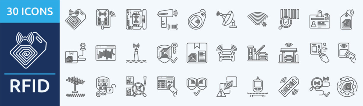 RFID - Icon Collection. Thin outline Set contains such Icons as antenna, signal, identifier, uid, rfid price tag  and more. Simple web icons set
