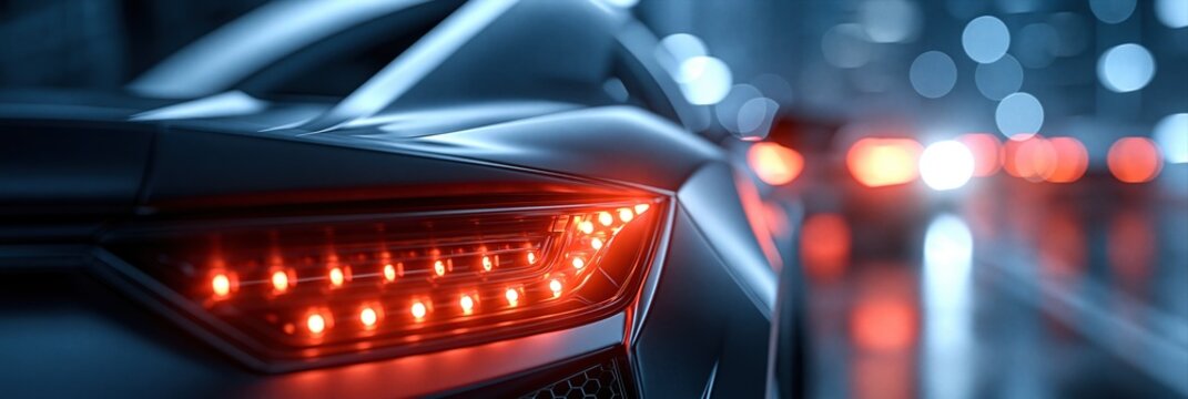 Close-up of a modern cars sleek red LED taillight at night with blurred city lights in the background.