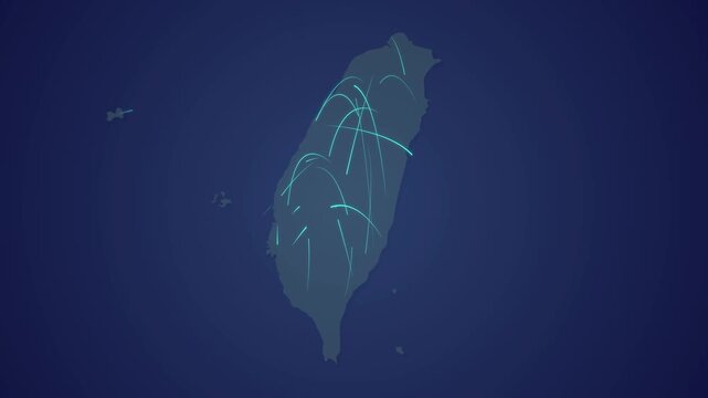 Taiwan Map with Glowing Light Connections Flowing Between Cities and Regions