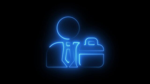 Blue Neon Businessman and Briefcase Icon Animation on Black Background Professional Career and Job Recruitment Concept: Glowing Blue Neon Icon