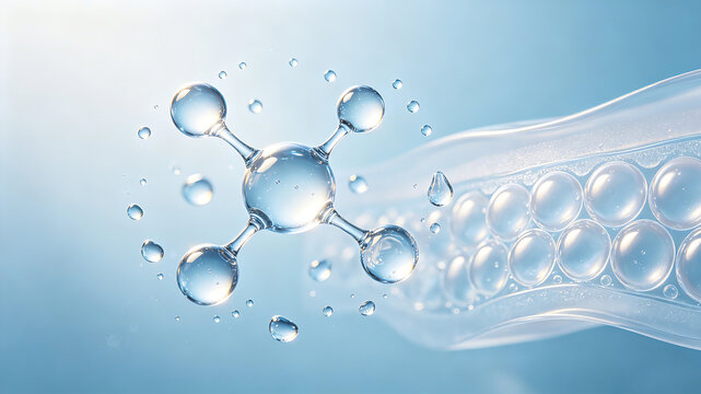 The cross-section of the skin where water molecules dock with the cells in the skin layer, penetrating the keratin, repairing the cortex, and strengthening the barrier for skincare.

