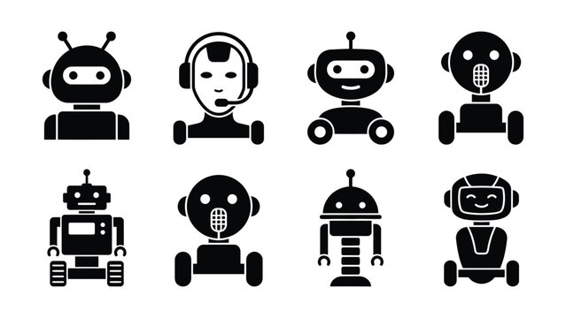 Black robot icons with various designs