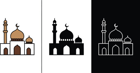 Three variations of a mosque featuring a central dome and minaret in color, solid black silhouette, and white line © rayhan039