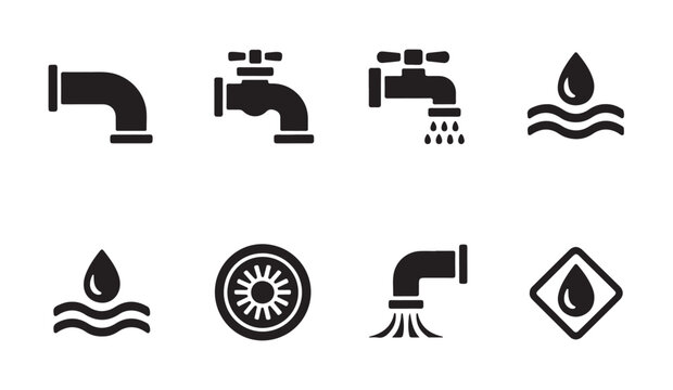 Collection of water supply and plumbing fittings icon set for home maintenance design.