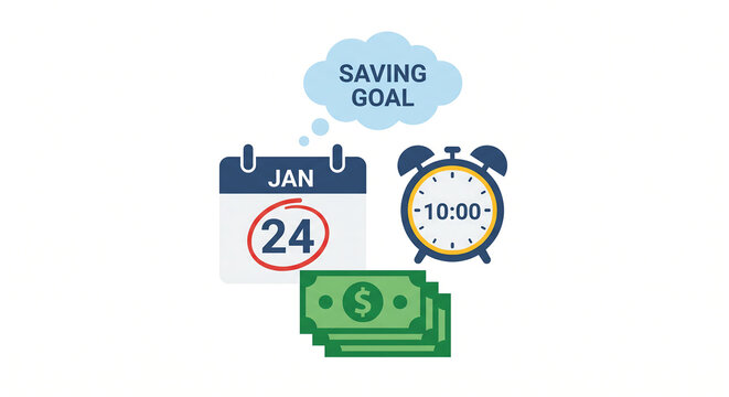 Saving goal concept with a calendar showing January 24 an alarm clock set to 10:00 and stacks of money bills isolated on a white background