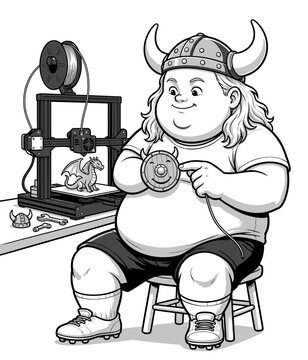 Viking character operating a modern 3D printer machine.