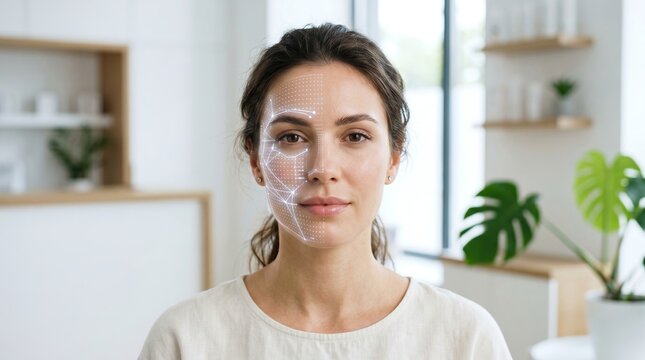 Woman face with digital biometric grid overlay for AI skin analysis