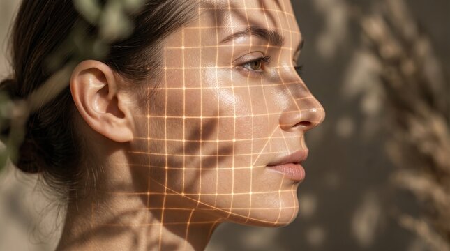 Profile of woman face illuminated by digital laser grid for cosmetic mapping