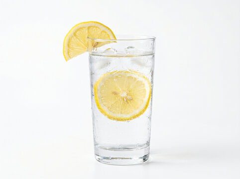 Fresh Lemon Slices in Glass of Cold Water and Refreshing Lemonade Beverage with Ice, Citrus Fruit Drink Isolated on White Background