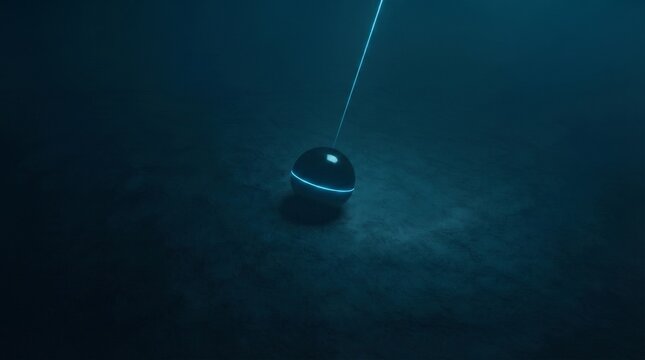 Mysterious glowing alien sphere artifact on the dark seabed emitting a blue light beam