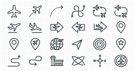 Fototapeta premium Aviation and Travel Icon Set with Airplane Flight Paths Navigation Map Pins and Radar Symbols for Logistics Apps and Websites