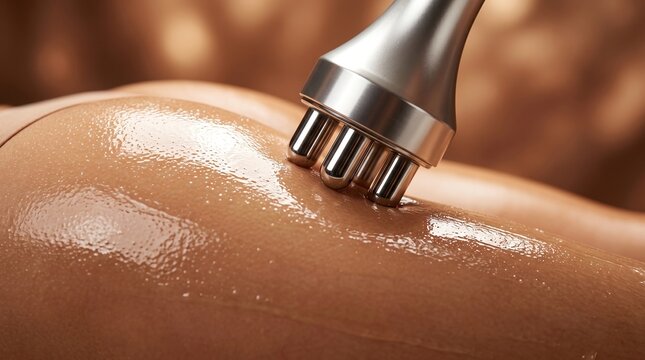 Radiofrequency body contouring treatment with metal applicator and conductive gel on female glutes