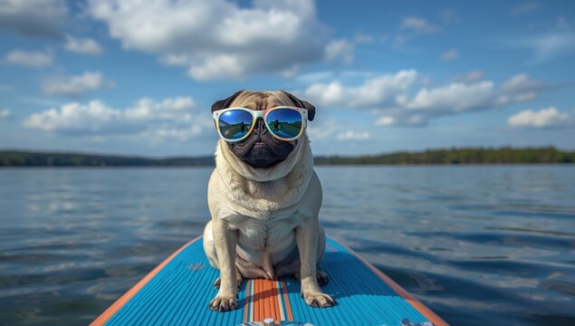 A cute pug dog wearing stylish sunglasses sitting on a blue stand up paddle board on a calm lake during summer day