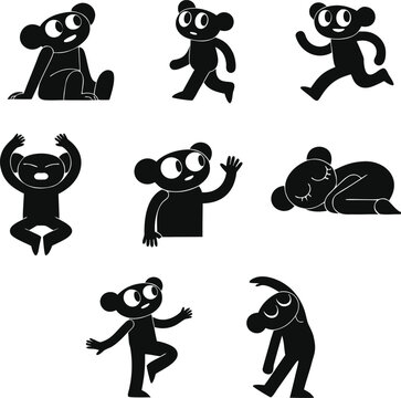 Black and White Cartoon Animal Icon Set with Cat Dog Bear Bird Silhouette Vector Collection for Cute Pet Nature and Halloween Design