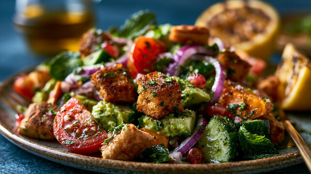 Fresh mediterranean salad with toasted croutons and vegetables croutons vegetables tomatoes