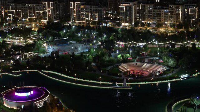 Tashkent, Uzbekistan - July 05, 2026: Panoramic Night View of Tashkent City from Above at Sunset. Illuminated Skyline, Uzbekistan. 
