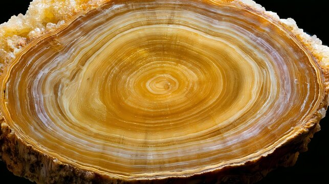 Golden calcite cross section revealing concentric mineral growth rings natural geological history premium macro surface photography balanced studio lighting crisp detail