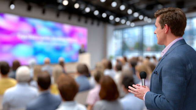 Conference Q&A scene with presenter holding microphone facing seated audience for panel discussion, interactive seminar, corporate event moderation and audience engagement visuals