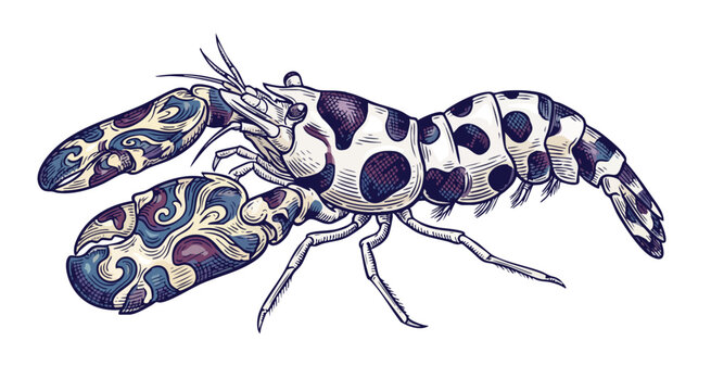 Detailed watercolor illustration of a colorful harlequin shrimp