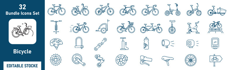 Bicycle Vector Outline Icons Set – Cycling, Bike Parts, Bicycle Accessories and Outdoor Transportation Line Symbols Collection © Bely