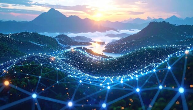 Abstract digital network grid over mountain landscape sunset.