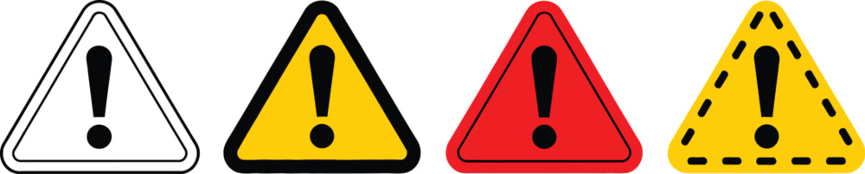 Set of four triangle warning signs with exclamation marks in black, yellow, red, and dashed outline on white background