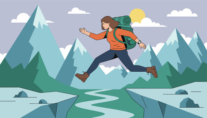 Fototapeta premium Brave female hiker with backpack jumping over mountain chasm against backdrop of snowy peaks and bright sun.
