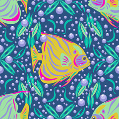 Fototapeta premium Tropical Fish Seamless Pattern, Underwater Marine Collection, Coral Reef and Bubbles Background