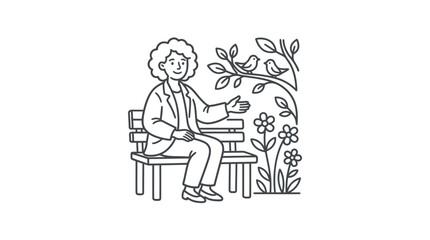 Naklejka premium Clean Line Drawing of Relaxed Person Sitting on Bench in Nature with Birds and Flowers with high quality professional line art symbols for modern creative design and digital branding projects
