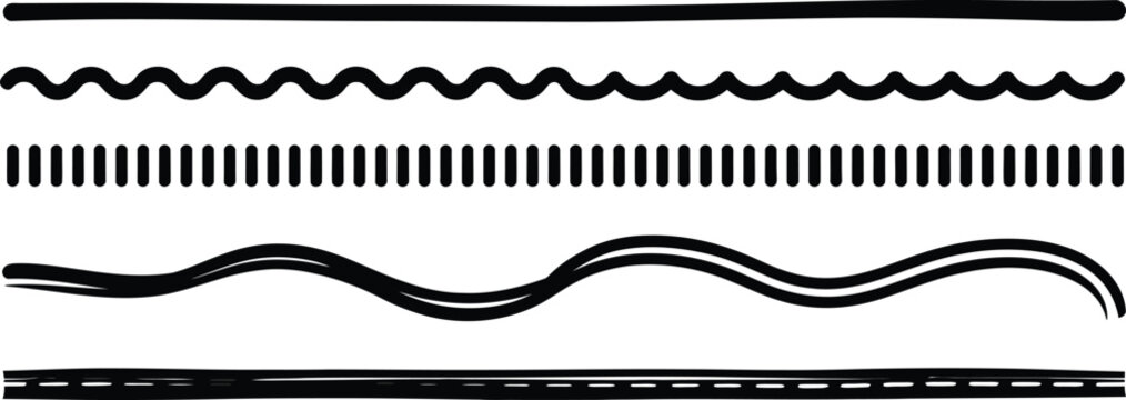 Set of five different horizontal divider lines, including straight, wavy, dashed, and curved styles in black ink color