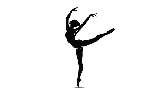 Elegant black silhouette of professional ballerina performing grace pose on tip toes isolated on plain white background.