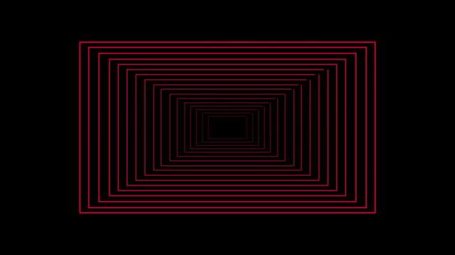 Abstract red rectangular tunnel motion graphics a series of nested lines forming an effect expanding against a black background rectangles geometric lines shapes background
