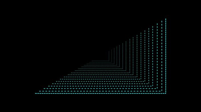 Dashed teal corner line abstract motion graphic a series of nested lines creating an angle effect against a black background lines geometric background expansion effect