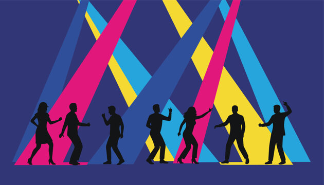 Silhouettes of energetic people dancing together at a music party or nightclub under vibrant colorful spotlight beams.