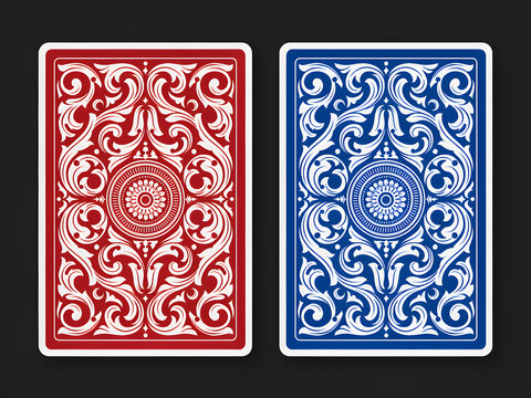Ornate playing card back pattern for casino games and graphic design, classic red and blue vector