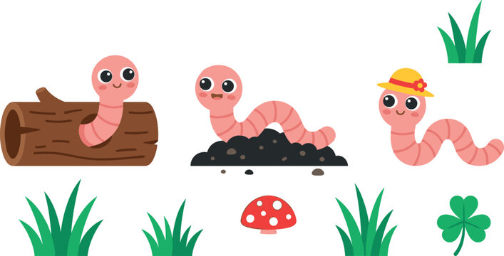 Cute Pink Earthworm Cartoon Character Vector Set Featuring Happy Worms with Wooden Log Soil Pile Yellow Hat Grass Mushroom and Clover