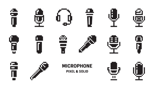 Microphone pixel and solid vector icon set design. simple flat style element. microphone sign.