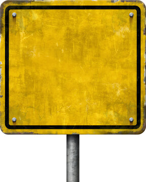 Blank yellow rusty square sign on metal pole for warning messages and information, isolated on white background