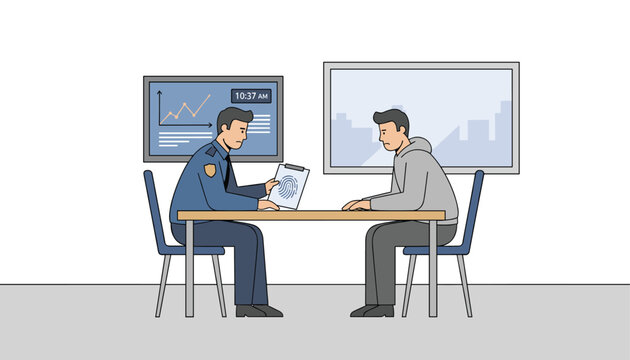 Police officer in uniform interviewing a young male suspect at a wooden desk while showing a fingerprint analysis sheet.