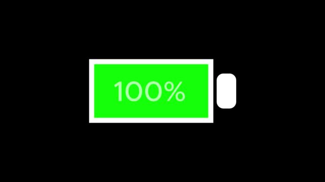 Animated Full Battery Indicator With Flashing One Hundred Percent Status on transparent background.