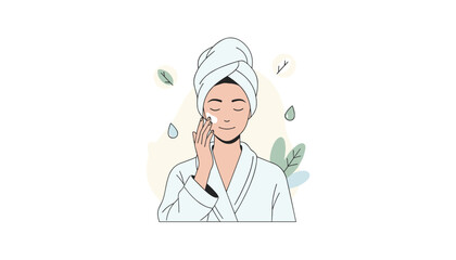 Naklejka premium Beautiful young woman in a white bathrobe and towel turban applying moisturizer to her face for a healthy skincare routine.