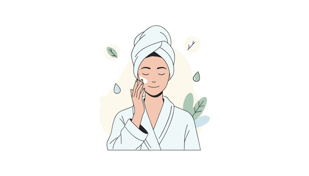Beautiful young woman in a white bathrobe and towel turban applying moisturizer to her face for a healthy skincare routine.