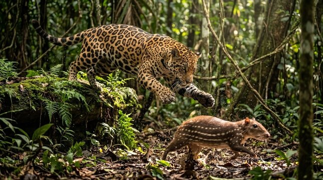 jaguar diving toward a lowland paca