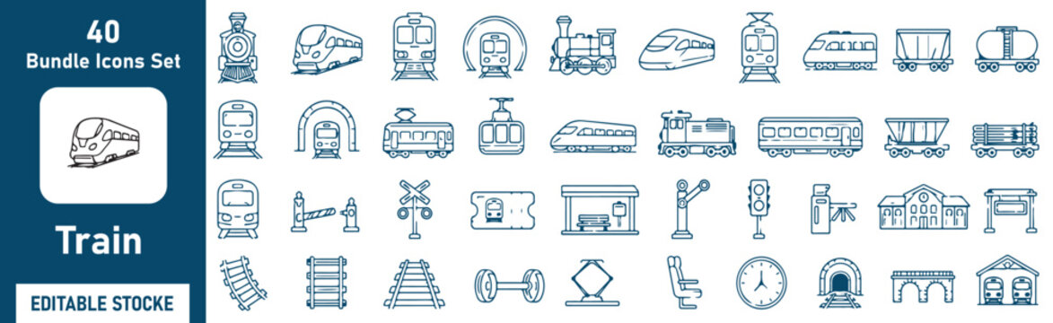 Train Vector Outline Icons Set &ndash; Railway, Locomotive, Rail Transport, Metro and Train Station Line Symbols Collection
