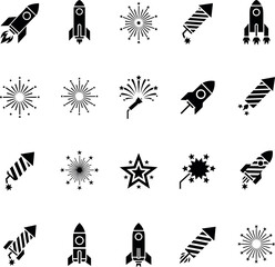 Fototapeta premium Black rocket and firework icon set depicting festive joy and bright explosive energy for a celebratory night event display.
