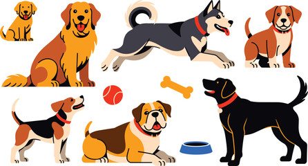 Dog breeds flat vector illustration collection. Friendly golden retriever, husky, bulldog, beagle, labrador, a toy ball, bone, and water bowl form a cheerful domestic pet assembly. © ALINA