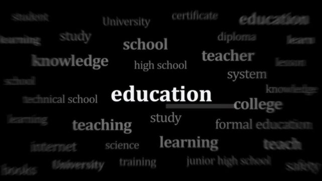 Education word cloud displays various academic terms and scholastic concepts arranged on a dark background.